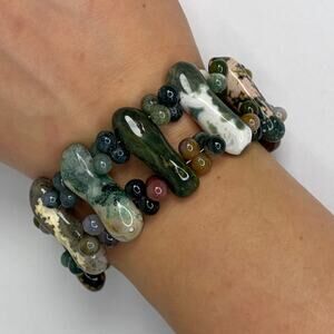 Green Jasper Agate Natural Stone Beaded Bracelet Hook and Eye Closure 7.5in